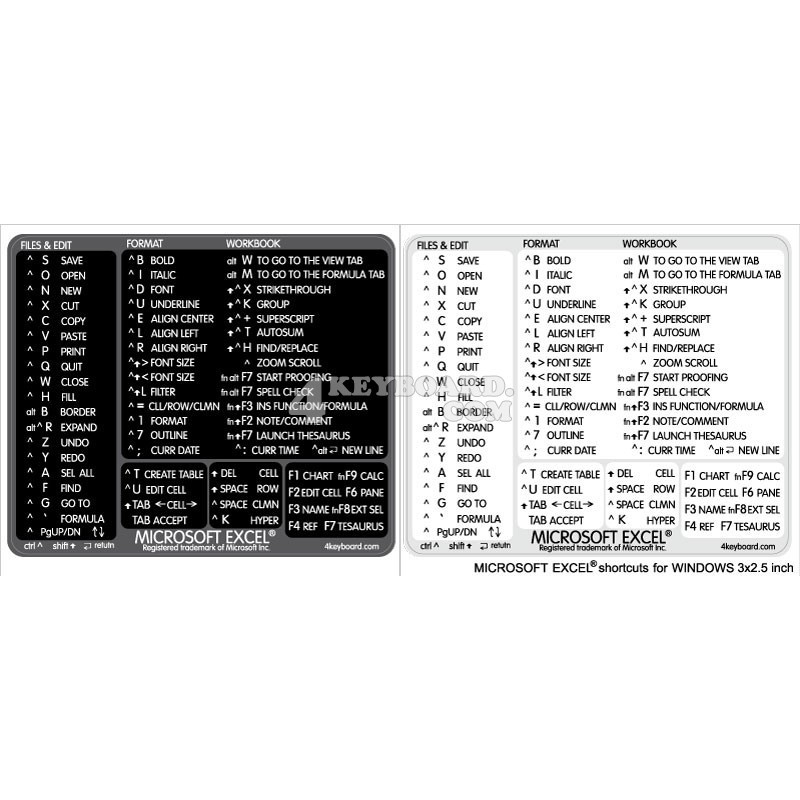 Excel reference keyboard hotkeys decals for Windows