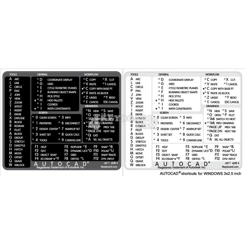 AutoCAD reference keyboard hotkeys decals for Windows