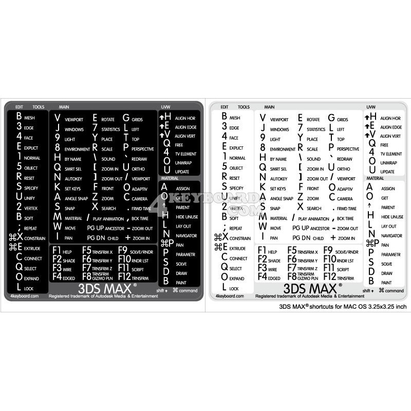 3ds Max reference keyboard hotkeys decals for Mac OS