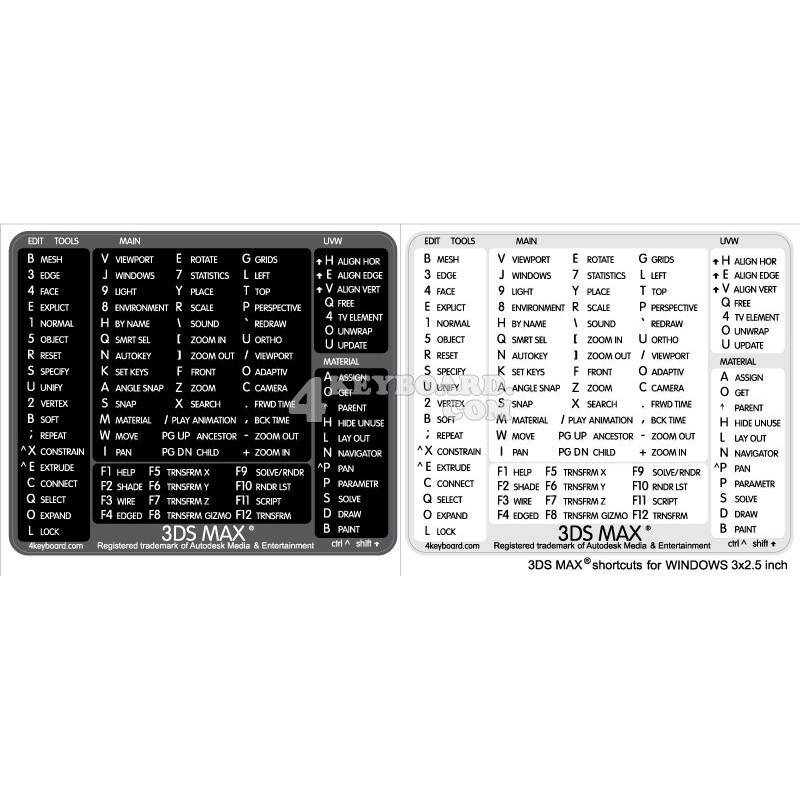 3ds Max reference keyboard hotkeys decals for Windows