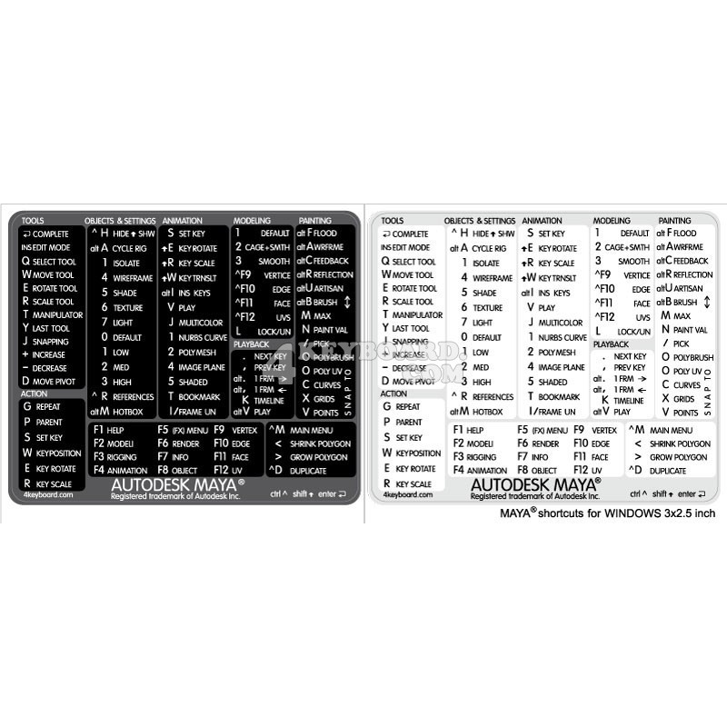 Maya reference keyboard hotkeys decals for Windows